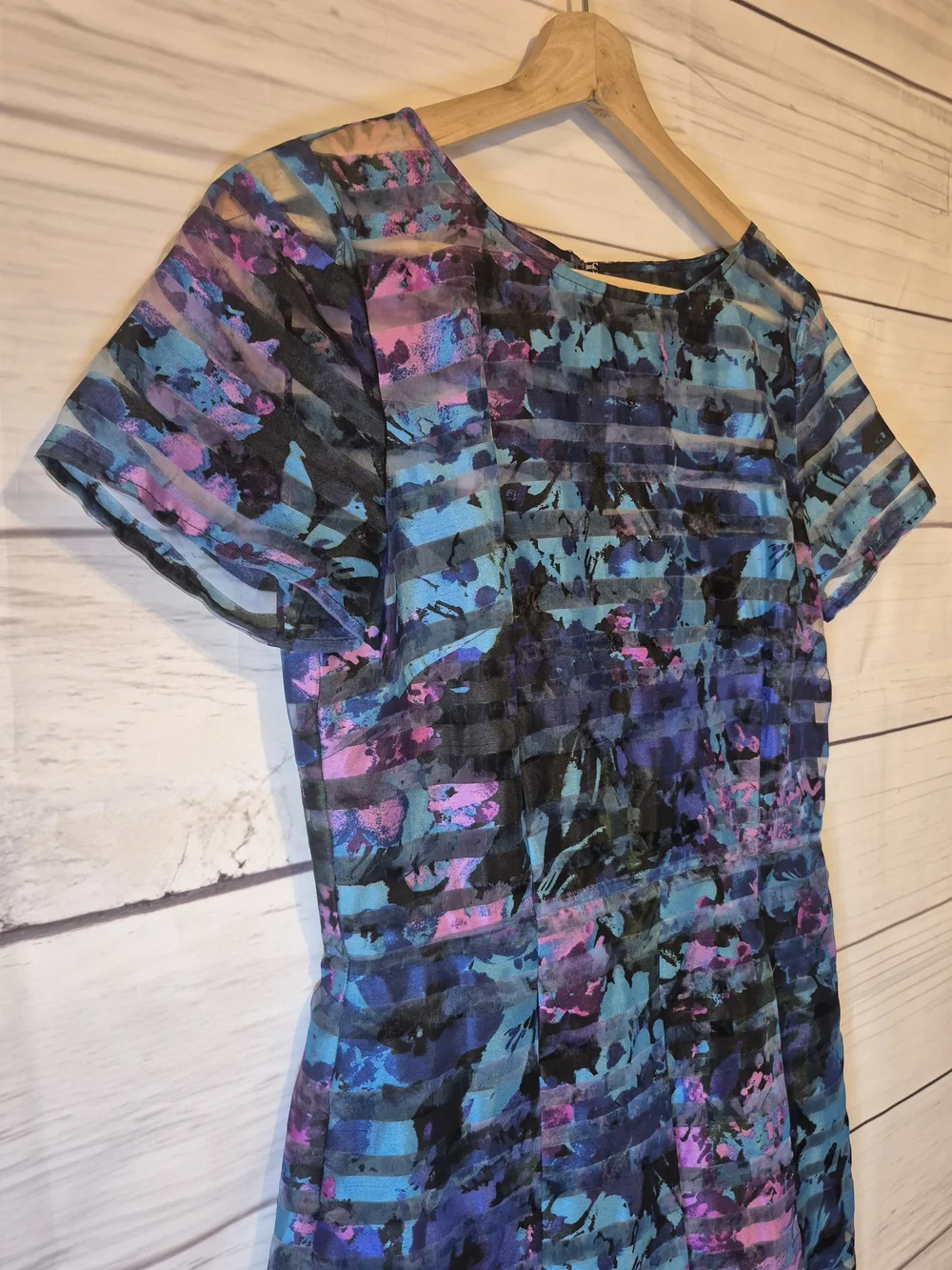 Tahari ASL Blue Multi-Color Striped Floral Burnout Fit & Flare Dress Size 6 - Picture 4 of 12